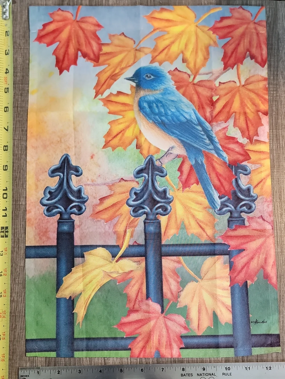 Decorative Autumn Garden Flag Multi-colored! Bird, Fence & Leaves.